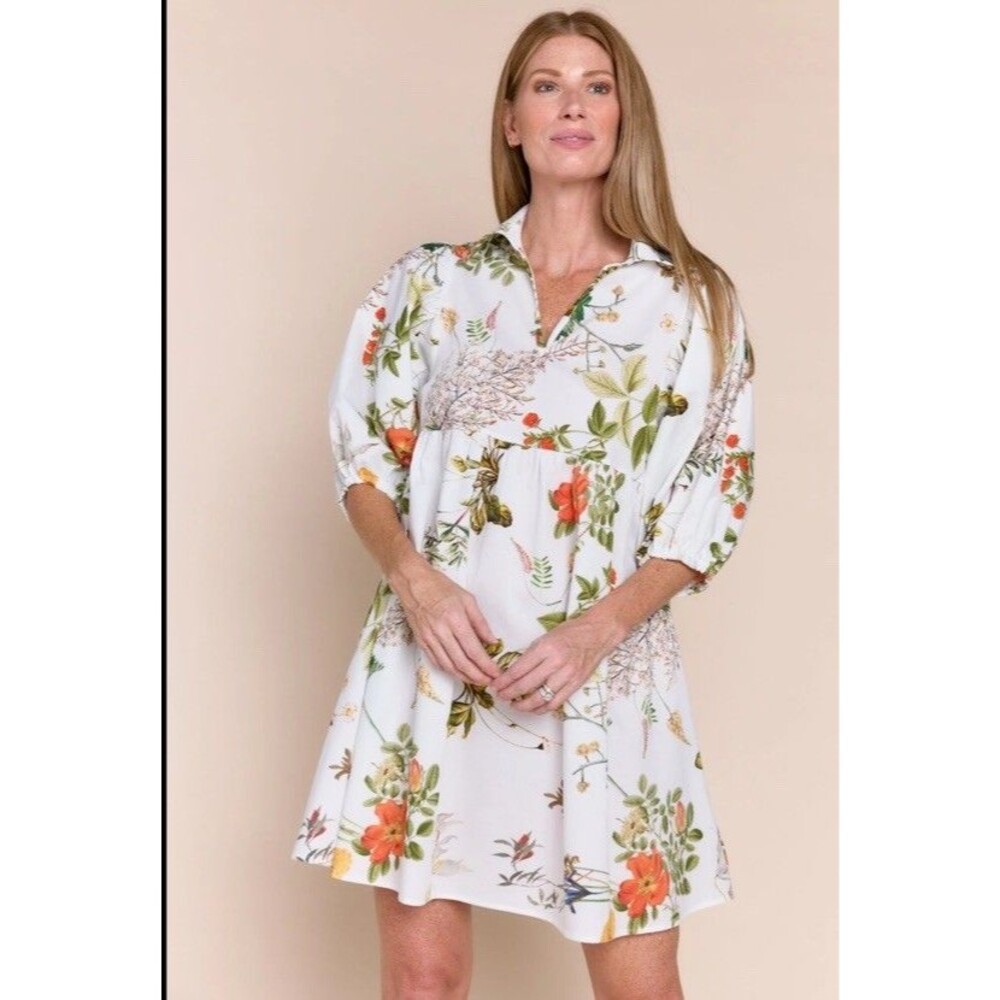 Made In Italy Sofia Dress Mini Puff Sleeve White Floral Shirt Preppy Party Lilly